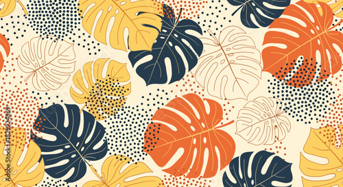 Seamless modern pattern with colorful yellow, orange, and blue monstera leaves combined with abstract dot textures for a trendy look.