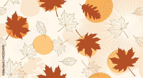 Seamless autumn pattern with a mix of solid brown and outlined maple and oak leaves on a gentle, light beige background.