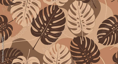 Seamless tropical pattern with stylish monstera leaves in a sophisticated palette of beige, tan, and brown for modern decor.