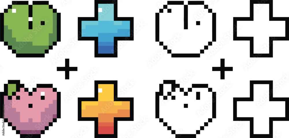 Obraz premium Pixel art green leaf blue cross pink heart yellow cross and outline shapes vactor retro game