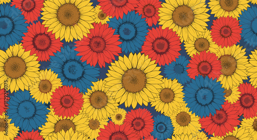 Dense seamless pattern of stylized sunflowers in a bold and vibrant primary color palette of red, yellow, and blue flowers.