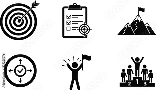 Motivation success icons set showing target achievement, goal planning, leadership, direction, victory celebration and business mountain peak accomplishment concepts, vector illustration