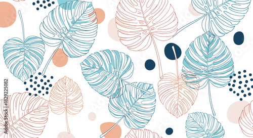 Modern seamless pattern with blue and orange outlined monstera leaves, complemented by abstract dots and circles on a white field.