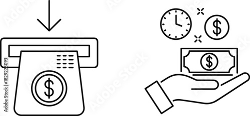 Minimal line icons showing money withdrawal, cash payment, financial transaction, time value, hand receiving dollar and modern banking currency concepts