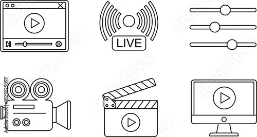 Minimalist video production icons showing streaming, media player, film camera, clapperboard, live broadcast and editing controls for digital content creation design