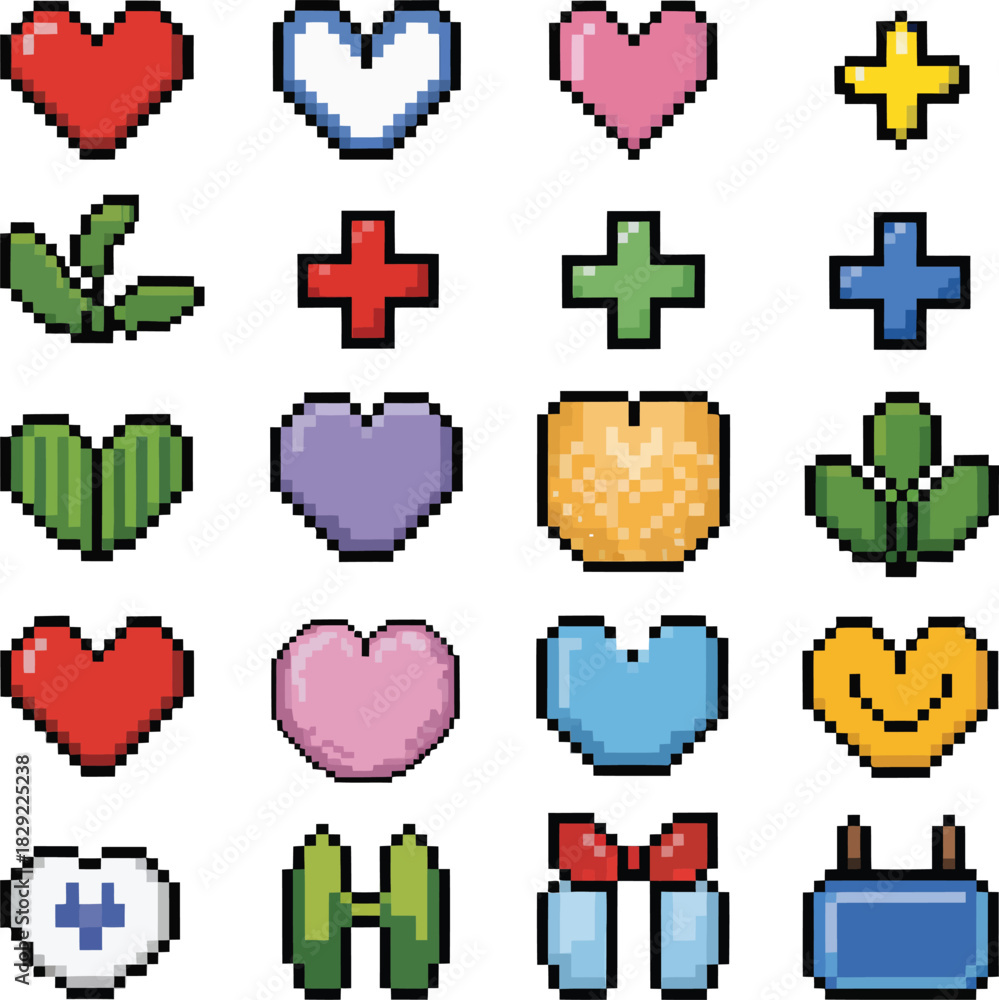 Fototapeta premium Pixel art icons of hearts plus signs leaves and gift box vactor leaf