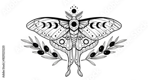 Symmetrical, detailed line art illustration of a mystical moth with moon phases on its wings, framed by delicate olive branches.