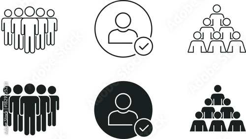 Group community icons, verified profile symbols, team hierarchy illustration set, people crowd graphics, leadership structure outline and solid design