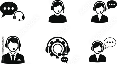 Customer support headset icons, call center operator symbols, technical support assistance graphics, communication service helpline silhouettes, customer service agent illustrations