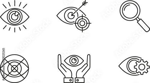Minimal vision and focus icon set featuring eye symbols, target accuracy, visual search, protection, tracking, and monitoring elements for digital use