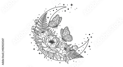 Mystical crescent moon illustration filled with beautiful peonies and fern leaves, with two butterflies fluttering in a starry sky.