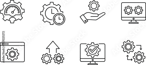 Minimal line icons set featuring gears, system optimization, performance settings, workflow automation, configuration management, software process control, and technical efficiency symbols