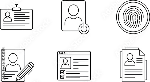 Identification and profile icons featuring ID card, user account, fingerprint scan, resume document, and online profile form for authentication