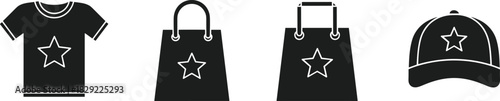 Fashion and shopping icons featuring t-shirt, tote bag, shopping bag and baseball cap with star design for retail branding