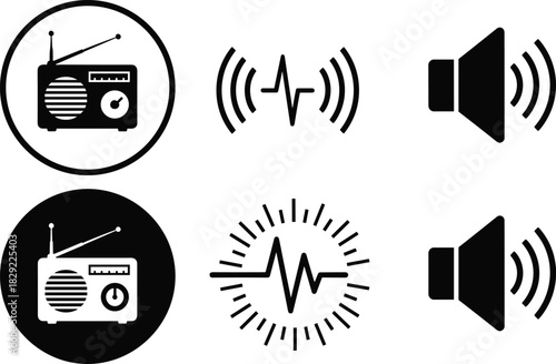 Vintage radio and sound wave icons representing audio transmission, broadcast signals, speaker volume, communication frequency and radio technology symbols in black style