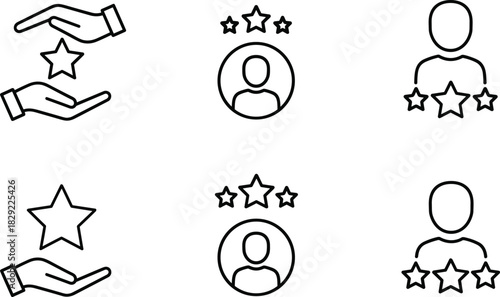 Customer rating and review icons featuring stars, user feedback, quality evaluation, satisfaction score, service excellence and reputation symbols in outline style