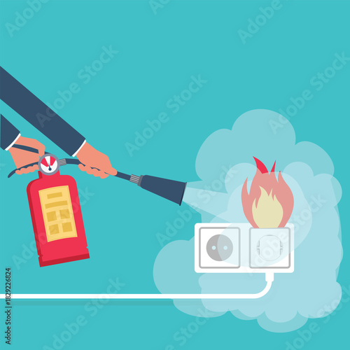 Extinguishing a fire at home independently. An electrical outlet caught fire. Stock Illustration