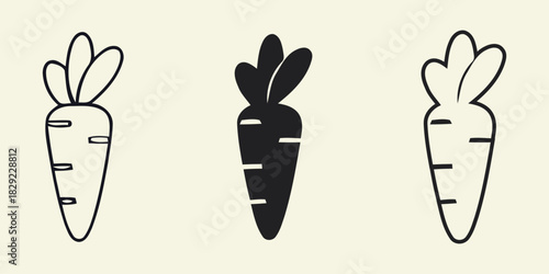Three stylized carrots in outline solid fill and outline styles on cream vactor background