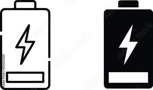 Two battery icons one outlined vactor white one solid black with lightning bolt power
