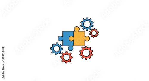 business collaboration two jigsaw puzzle pieces and gears meshing together online teamwork for innovative synergy and partnership integration connection.