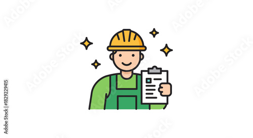 building inspector holding clipboard for site check wearing hard hat contractor taking notes icon for quality control inspection service verification