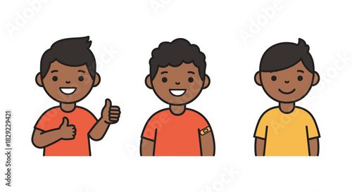 Boys illustration after vaccination showing thumbs up promoting child healthcare and immunization ideal for health blog or pediatric awareness campaign.
