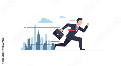 Business man running in city hurrying to work holding briefcase showing ambition and determination in the financial district suitable for presentations.