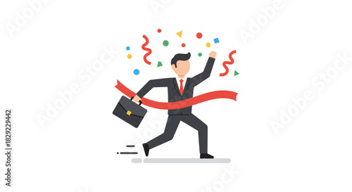 businessman crossing finish line achieving goals in business celebrating success under confetti rain for corporate motivation campaign