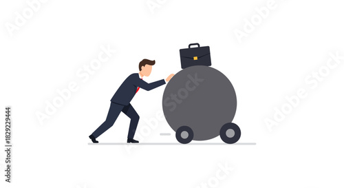 Businessman pushing large burden representing heavy workload illustrating business challenges and career obstacle use for financial stress topics.