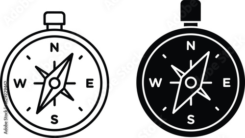 Two compass icons one outline one solid vactor black showing cardinal directions navigation