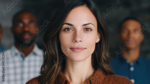 Confident woman portrait diverse indian people team stand behind leadership unity workplace focus strength motivation success