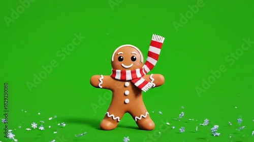 Cheerful 3D Rendered Gingerbread Man Character Dancing Joyfully Amidst Falling Snowflakes Isolated on a Vibrant Green Screen Background Festive Holiday Season