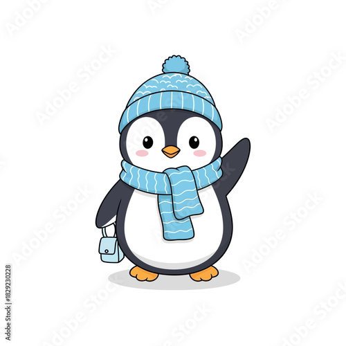 A charming animated penguin character, bundled in a warm blue knitted winter hat and scarf, joyfully waves its flipper while holding a tiny bag, radiating a friendly and adorable appeal