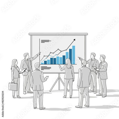 Business meeting and presentation with a growing financial graph on a whiteboard