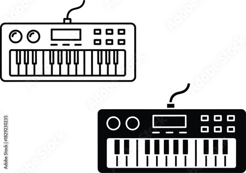Two electronic keyboards one outline one solid vactor black with cables synthesizer