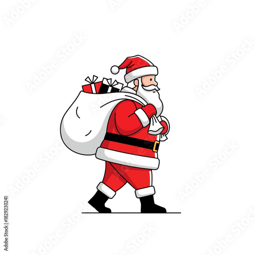 Jolly old Saint Nick character merrily walking with a large sack filled with presents, delivering holiday cheer and gifts for a festive winter celebration