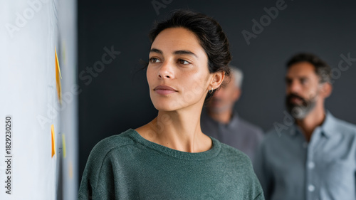 Focused woman leader in office workshop, indian people team in creative meeting plan, thoughtful gaze toward board fosters calm collaboration and strategy