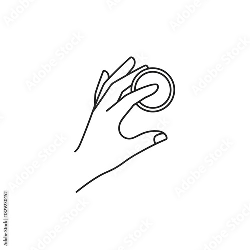 A simple line art illustration depicting a human hand delicately holding a small, round object or coin, symbolizing financial exchange, payment, or value in a minimalist style