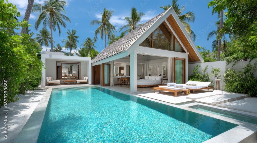 Fototapeta premium Luxurious villa with a refreshing pool surrounded by palm trees under a clear blue sky, ideal for vacation and relaxation in paradise-like setting