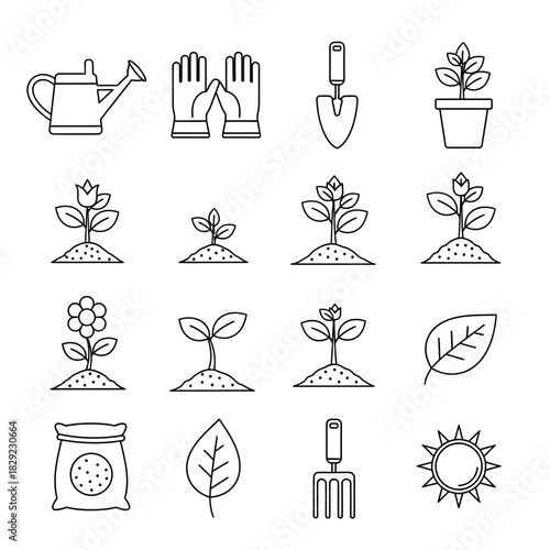 Cultivate success with this charming collection of garden icons featuring sprouts, tools, and vibrant growth elements for your projects.