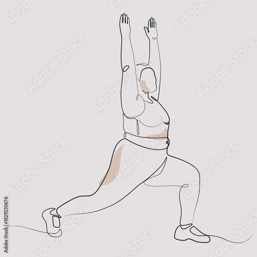 Fat woman exercising one line drawing. Fat woman doing exercise single line illustration. Fat woman doing exercise minimalist line art