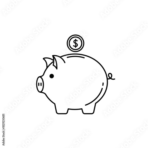 Piggy bank icon with a dollar coin representing saving money, financial investment, and personal finance. Simple black and white line art vector illustration