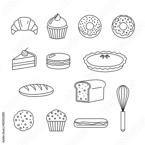 Delicious assortment of bakery icons including croissants cupcakes donuts pies bread macarons eclairs cookies and whisk for culinary designs