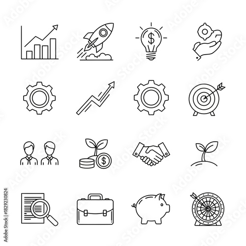 Dynamic business icons ignite startup growth, financial success, teamwork, and strategic planning for modern ventures.