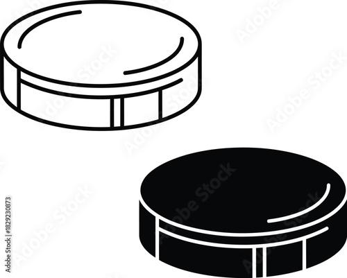 Two hockey pucks one vactor black one outline on white background ice hockey sport