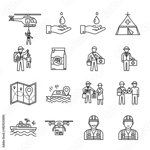 Essential aid and rescue operations depicted through modern icons including helicopter transport, medical supplies, and humanitarian assistance delivery.