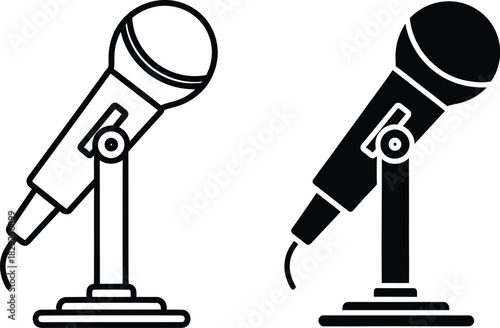 Two microphone icons one vactor black and white outline one solid black outline microphone