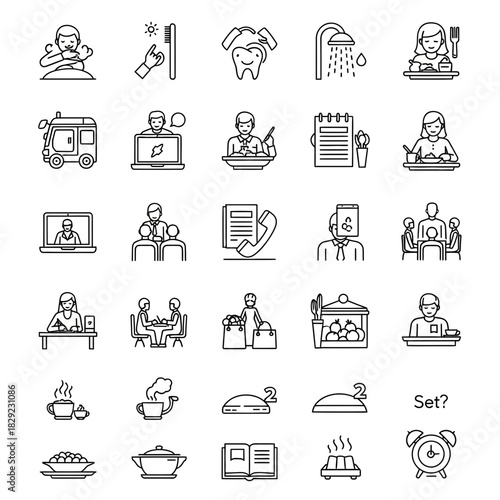 Everyday life icons representing daily routines, personal care, meals, work, meetings, and leisure activities in a clean, modern style.