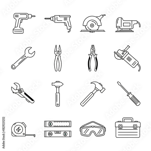 Professional tool collection featuring drills wrenches hammers pliers saws and safety gear for construction and DIY projects