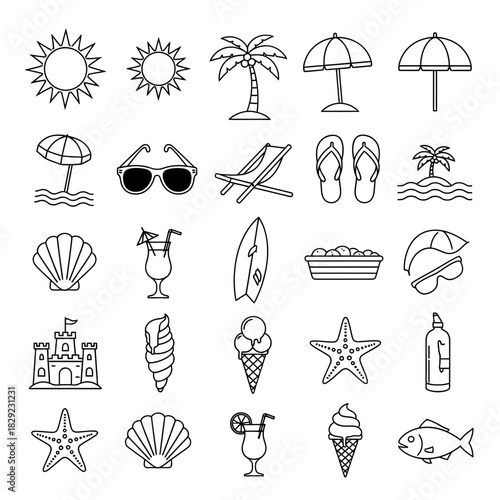 Vibrant collection of summer beach icons perfect for travel, vacation, and coastal designs